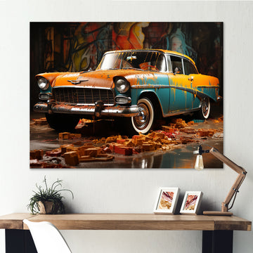 Green And Yellow Old American Car - Car Vintage Canvas Wall Art